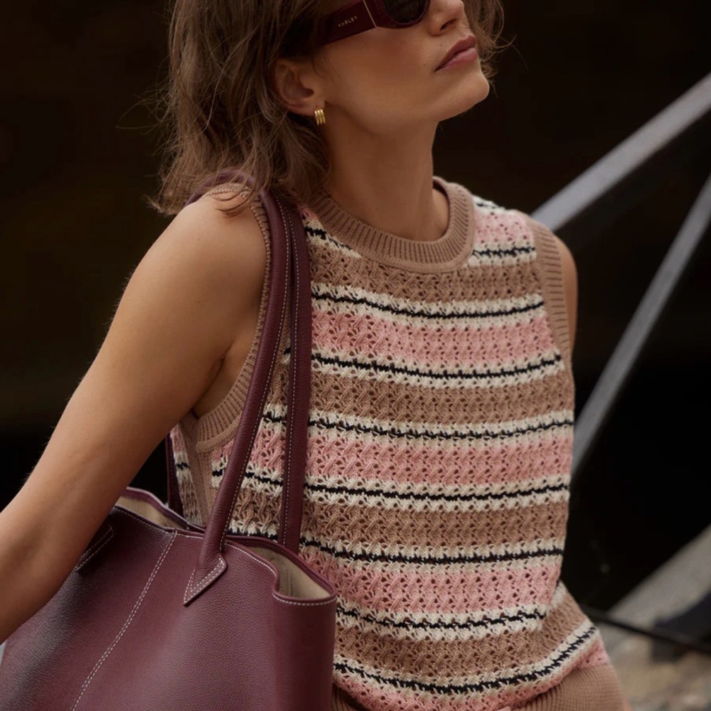 Varley Pink, Tan and Black Striped Knit Shell